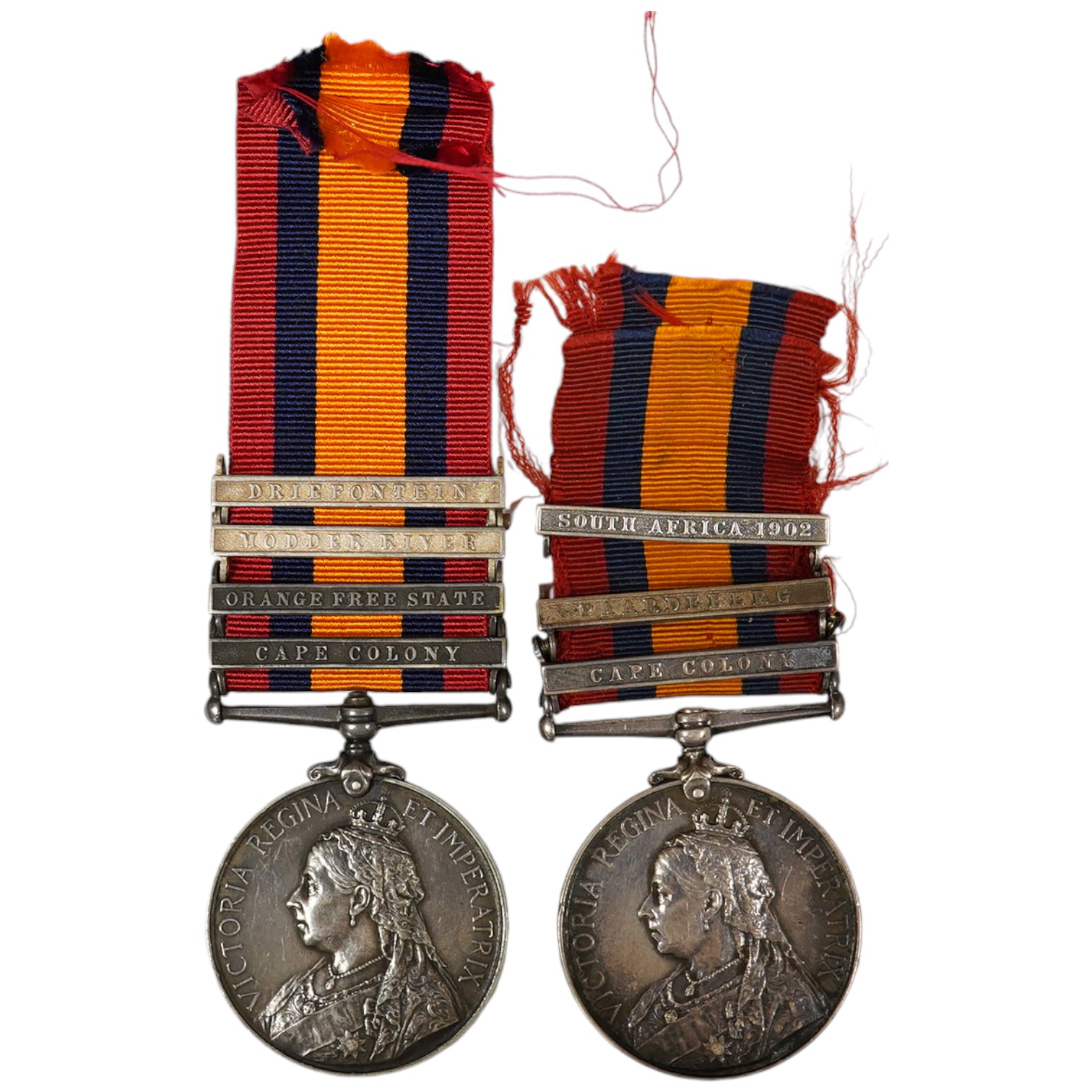 Queens South Africa Medal with 4 clasps; Dreifontein, Modder River, OFS and CC to 3033 2nd CL: Tpr:W.G.Annis. S.A.C. and another with SA1902, Paardseberg and CC clasps to 11569 Pte W.Cuff, R.A.M.C. (2)